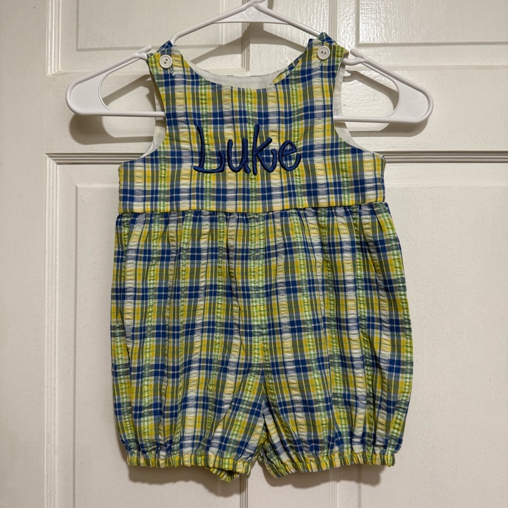 “Luke” 3T Blue Yellow Plaid Shortall Jon Jon Monogrammed One Piece Outfit Summer